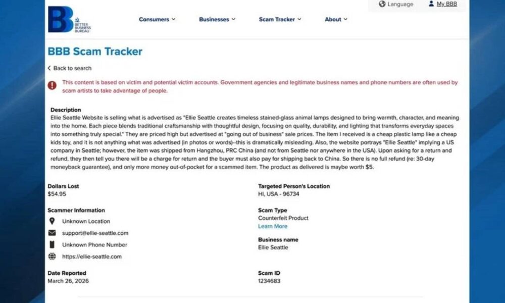BBB Scam Tracker page listing a counterfeit product scam by Ellie Seattle, with $54.95 lost, unknown location, reported March 26, 2026.