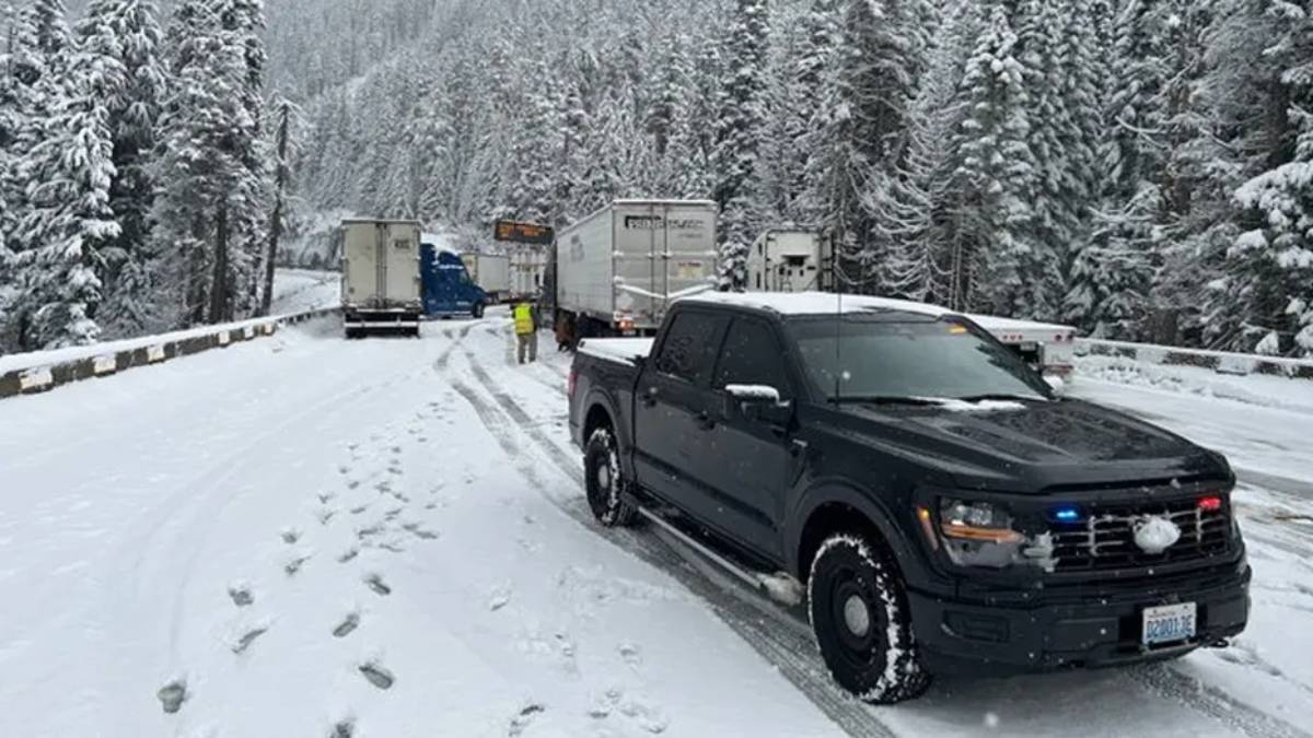 Black pickup truck with police lights on a snowy mountain road, where trucks are stalled and a worker in a high-visibility jacket stands nearby.