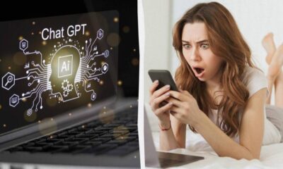 Split image: left shows AI chat concept on laptop screen; right shows a surprised woman using a smartphone.