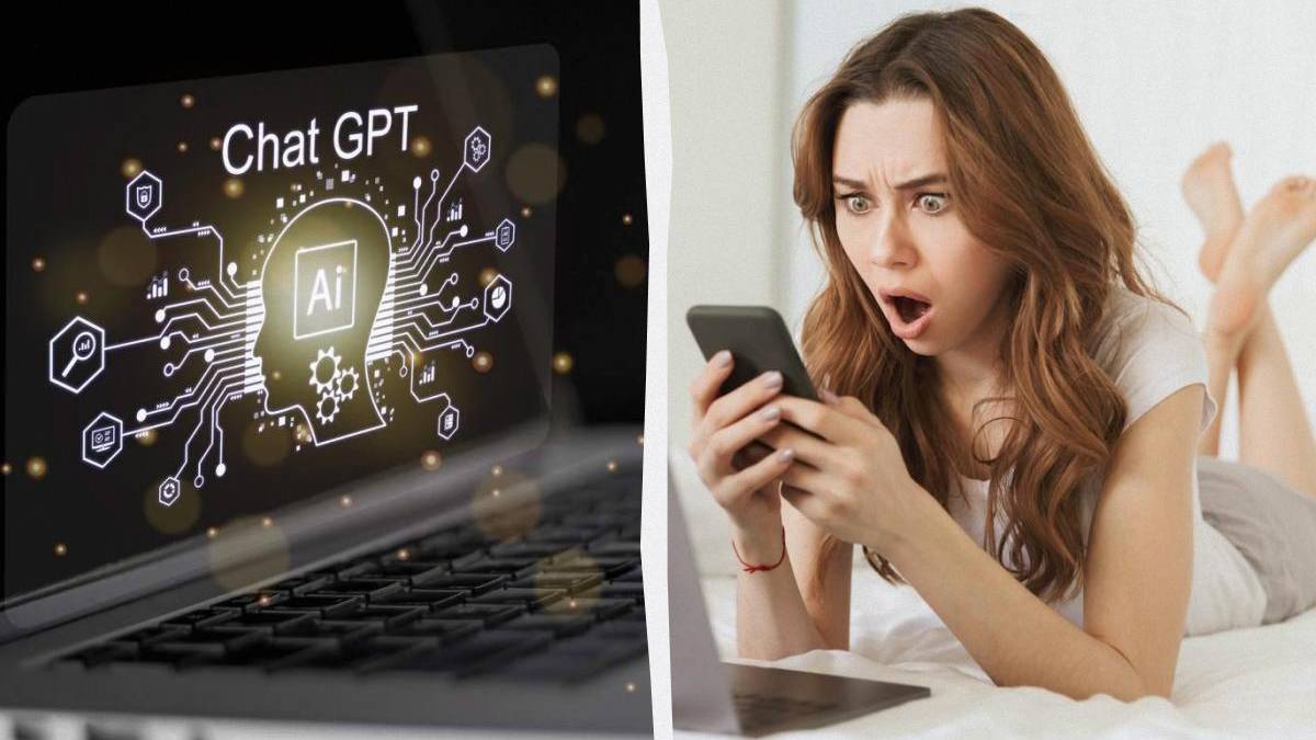 Split image: left shows AI chat concept on laptop screen; right shows a surprised woman using a smartphone.