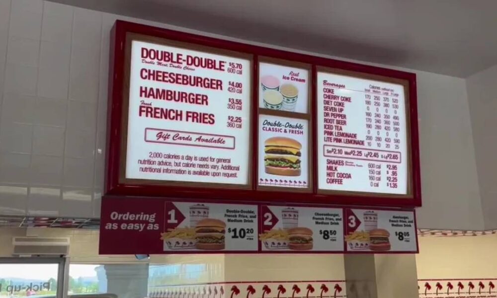 Illuminated fast-food menu board in a red frame listing Double-Double, Cheeseburger, Hamburger, French Fries with prices; below are ordering steps and burger images.