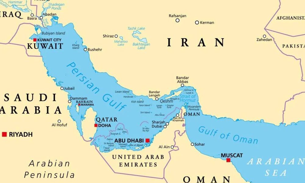 Map of the Persian Gulf region highlighting Saudi Arabia, Kuwait, UAE, Oman, Iran, and major cities such as Riyadh, Doha, Dubai, and Muscat.