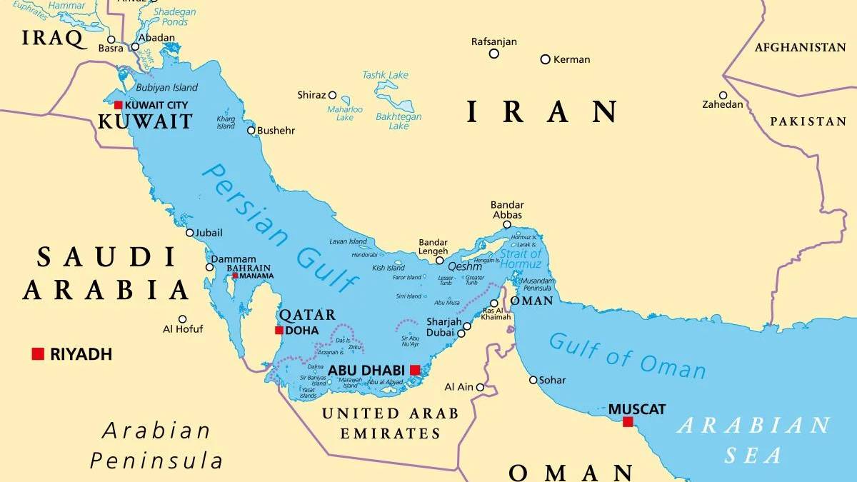 Map of the Persian Gulf region highlighting Saudi Arabia, Kuwait, UAE, Oman, Iran, and major cities such as Riyadh, Doha, Dubai, and Muscat.