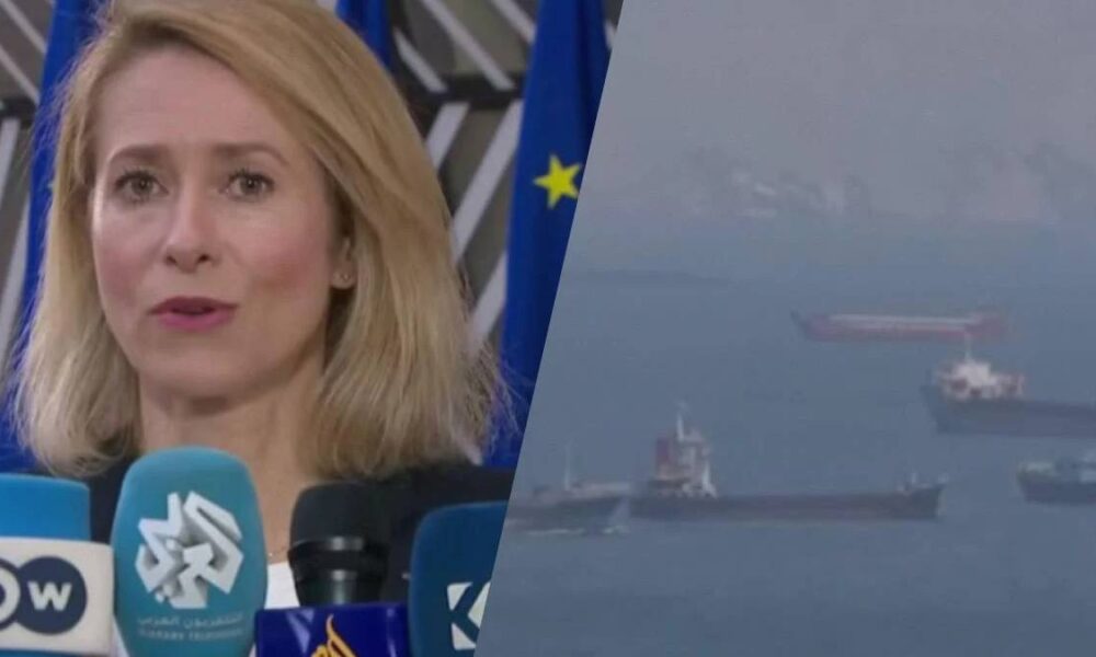 Woman speaking at a press conference with multiple microphones and an EU flag in the background.