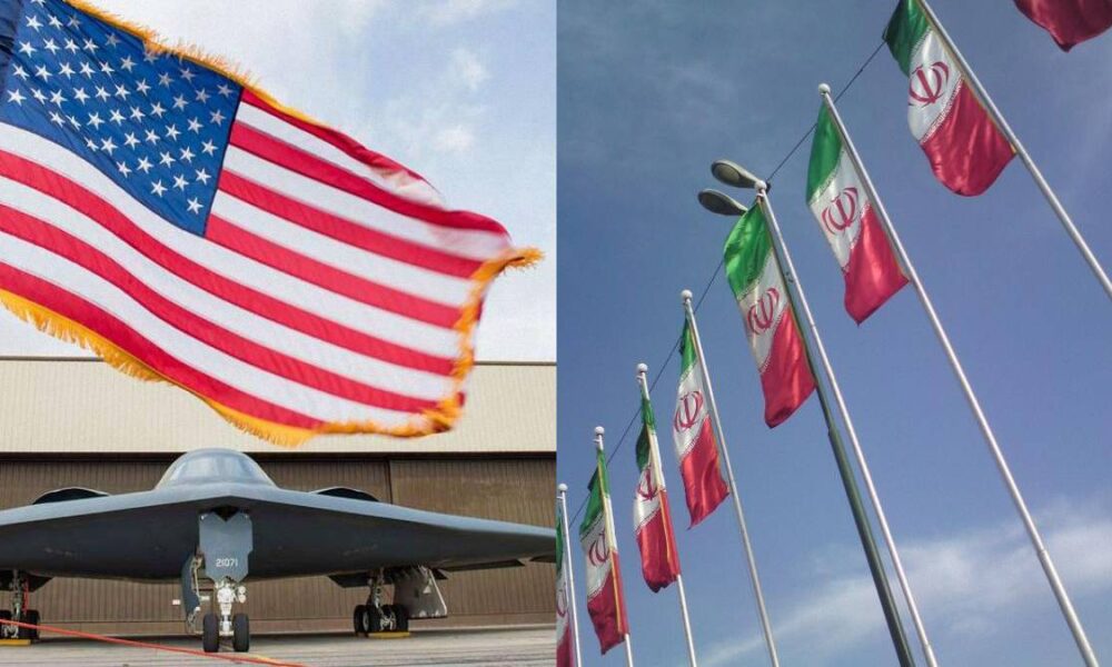 Split image showing an American flag waving over a military jet on a tarmac (left) and a row of Iranian flags on flagpoles against a blue sky (right).