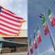 Split image showing an American flag waving over a military jet on a tarmac (left) and a row of Iranian flags on flagpoles against a blue sky (right).
