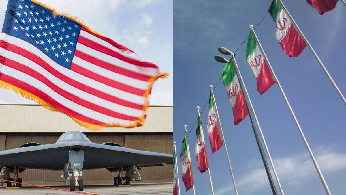 Split image showing an American flag waving over a military jet on a tarmac (left) and a row of Iranian flags on flagpoles against a blue sky (right).
