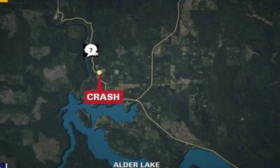 Map snippet marking a crash north of Alder Lake on Route 7, with a red CRASH label and yellow pin along a winding road.