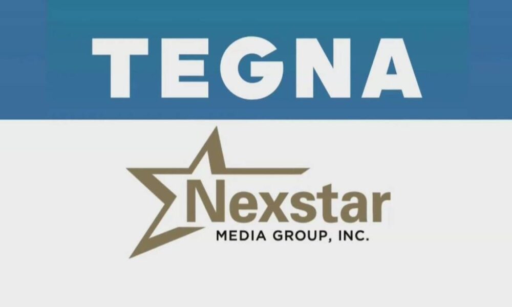 TEGNA logo in a blue header above the Nexstar Media Group logo with a gold star shape.