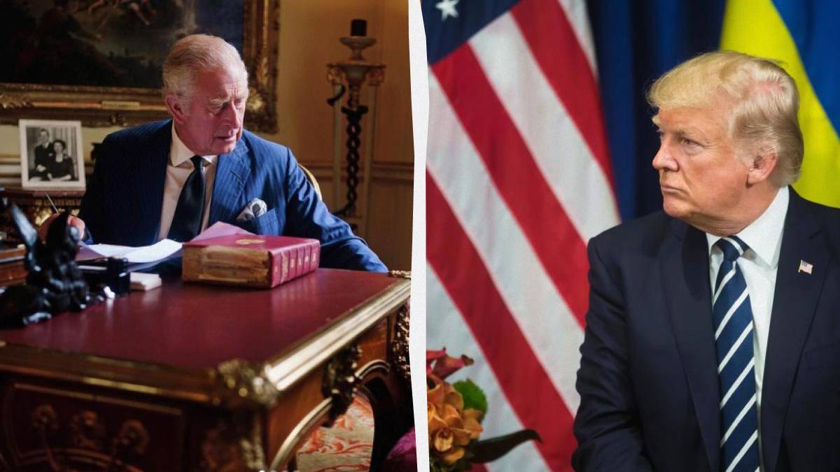 Split image of two older men in suits; left seated at an ornate desk with papers, right in front of flag backdrop, both looking to the left.
