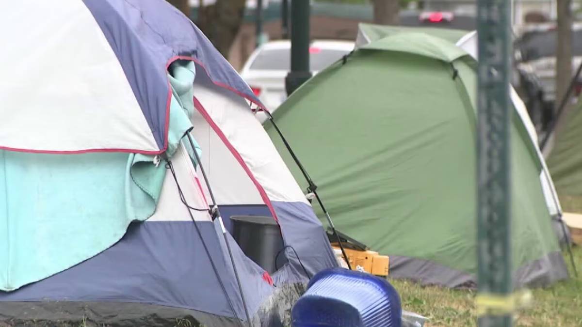 Colorful tents pitched on a grassy area near a street, forming an informal campsite: blue, green, and white tents visible side by side.