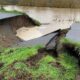 A road has collapsed into a large sinkhole, exposing soil and grass with muddy water pooling beyond the gap.