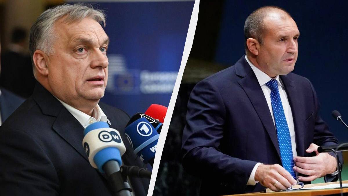 Side-by-side image of two men in suits speaking at podiums, separated by a diagonal white divider.