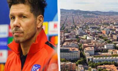 Split image: a male football player in a red jacket on the left and an urban cityscape on the right.