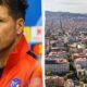 Split image: a male football player in a red jacket on the left and an urban cityscape on the right.