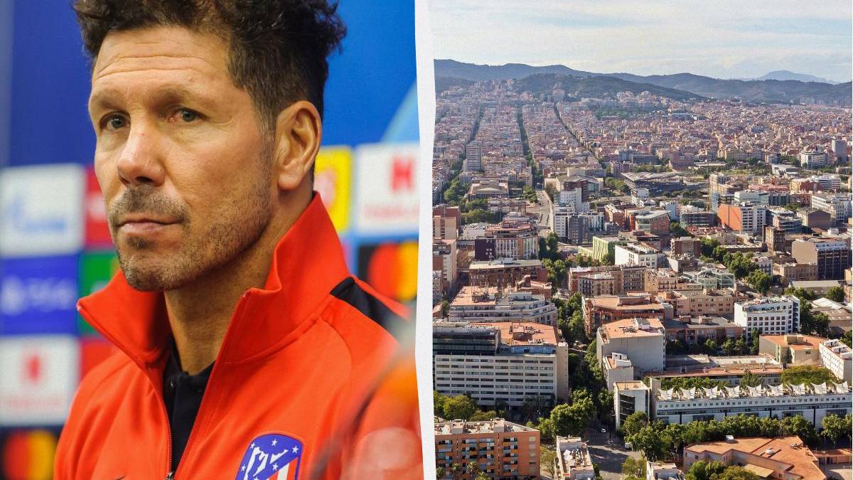 Split image: a male football player in a red jacket on the left and an urban cityscape on the right.