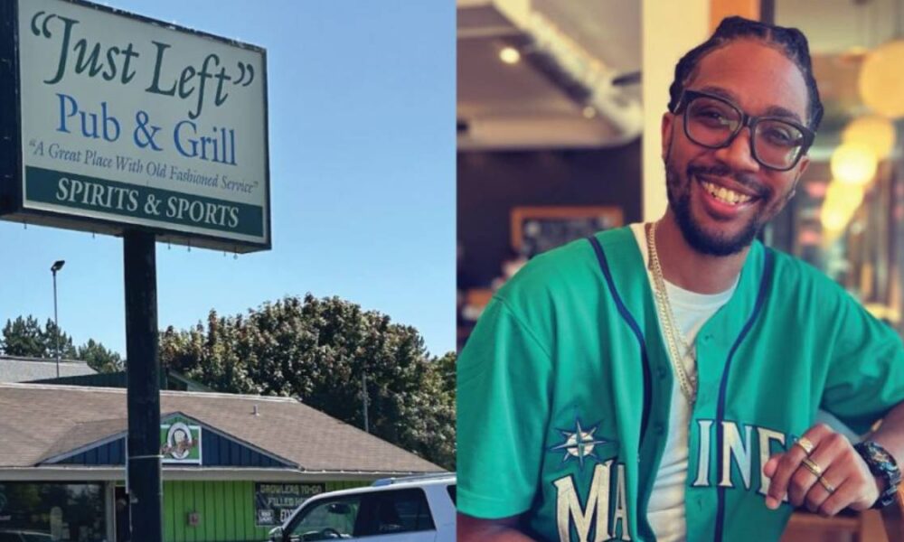 Split image: left shows 'Just Left Pub & Grill' sign outside a building; right shows a smiling man in a teal baseball jersey indoors.