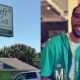 Split image: left shows 'Just Left Pub & Grill' sign outside a building; right shows a smiling man in a teal baseball jersey indoors.