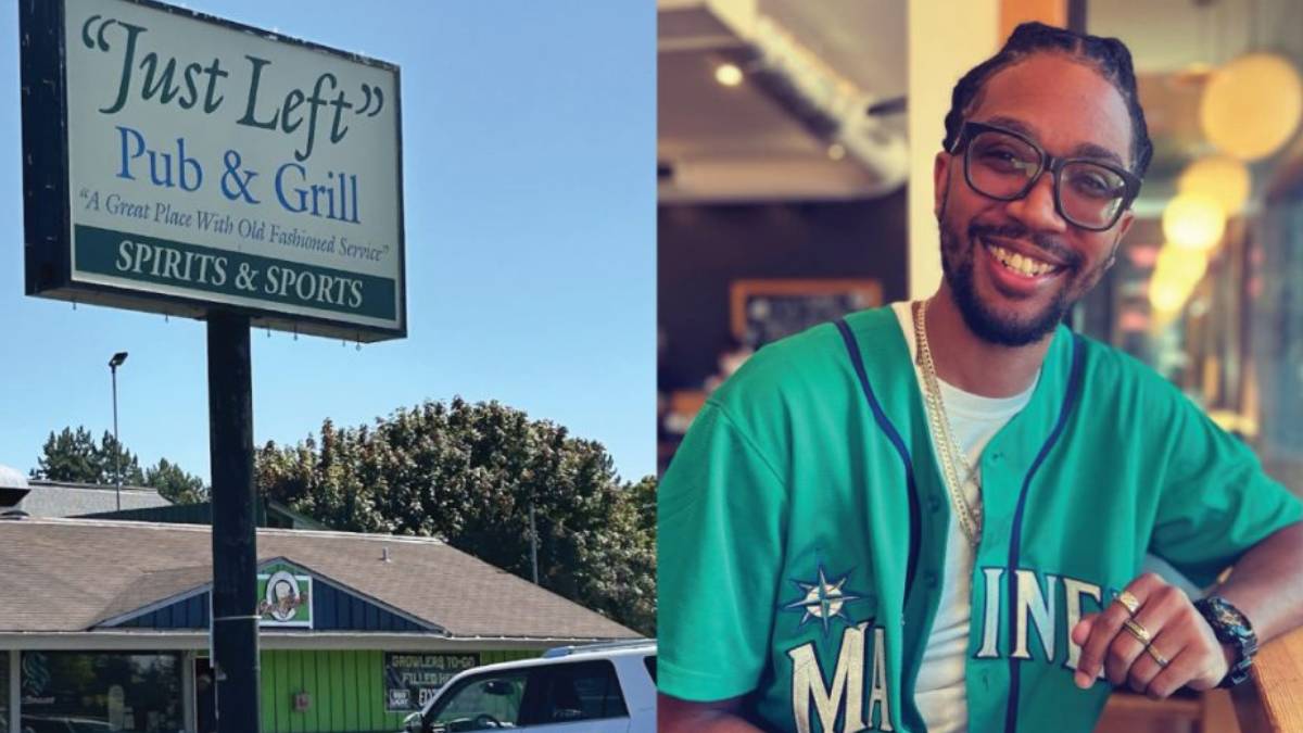 Split image: left shows 'Just Left Pub & Grill' sign outside a building; right shows a smiling man in a teal baseball jersey indoors.