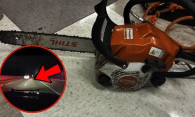 Chainsaw on the floor; circular inset shows a nighttime highway with a car ahead highlighted by a red arrow.