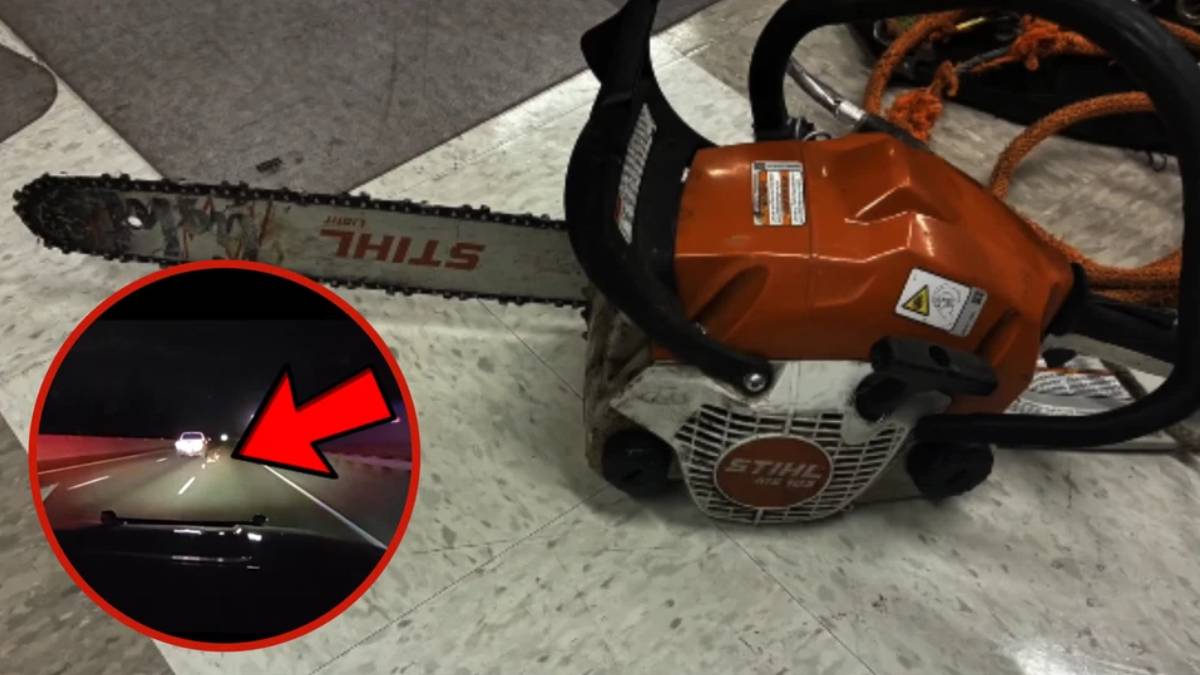 Chainsaw on the floor; circular inset shows a nighttime highway with a car ahead highlighted by a red arrow.