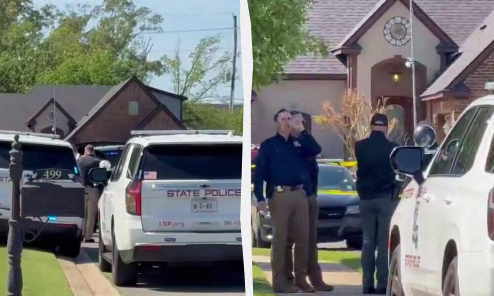 Split image of a suburban street scene with state police cars and officers outside a house, yellow tape in the background.