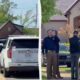 Split image of a suburban street scene with state police cars and officers outside a house, yellow tape in the background.