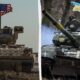 Two battle tanks side by side in a field, left with an American flag, right with a Ukrainian flag on their turrets.