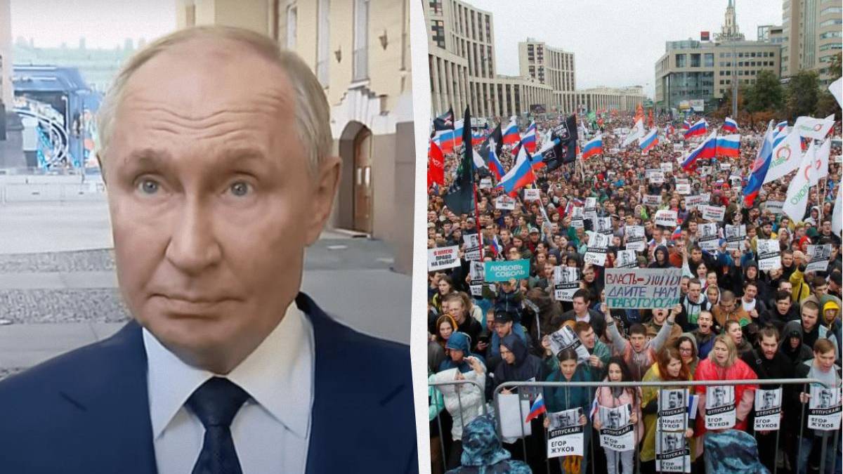 Split image: left a man in a suit giving an interview; right a large protest with Russian flags in a city square.
