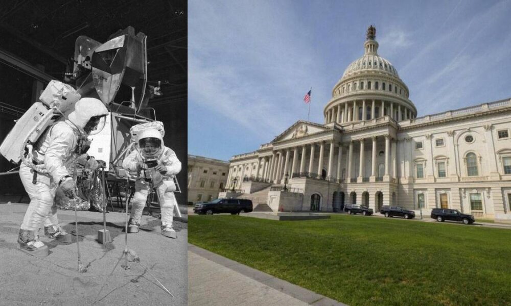 Split image: astronauts on the lunar surface left; the U.S. Capitol building right for contrast between space exploration and government.