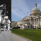 Split image: astronauts on the lunar surface left; the U.S. Capitol building right for contrast between space exploration and government.