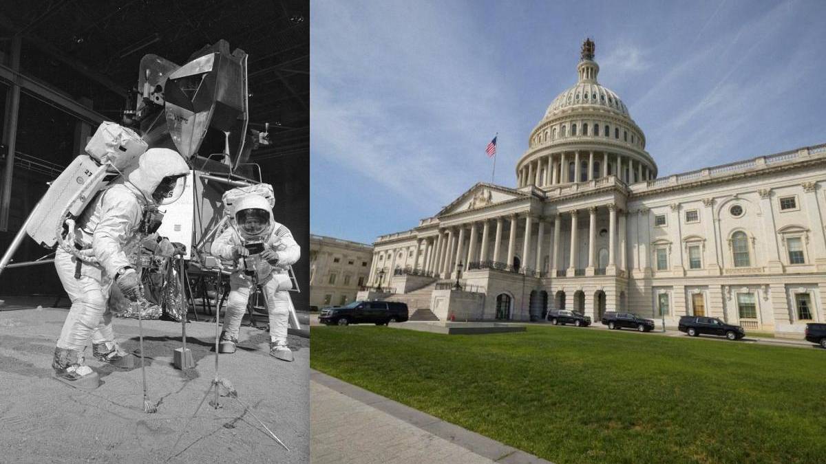 Split image: astronauts on the lunar surface left; the U.S. Capitol building right for contrast between space exploration and government.