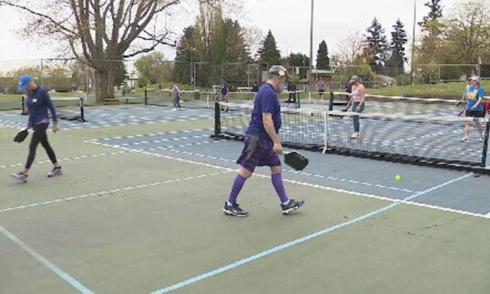 People playing pickleball on outdoor court, one man in purple reaching for ball near net while others watch in background