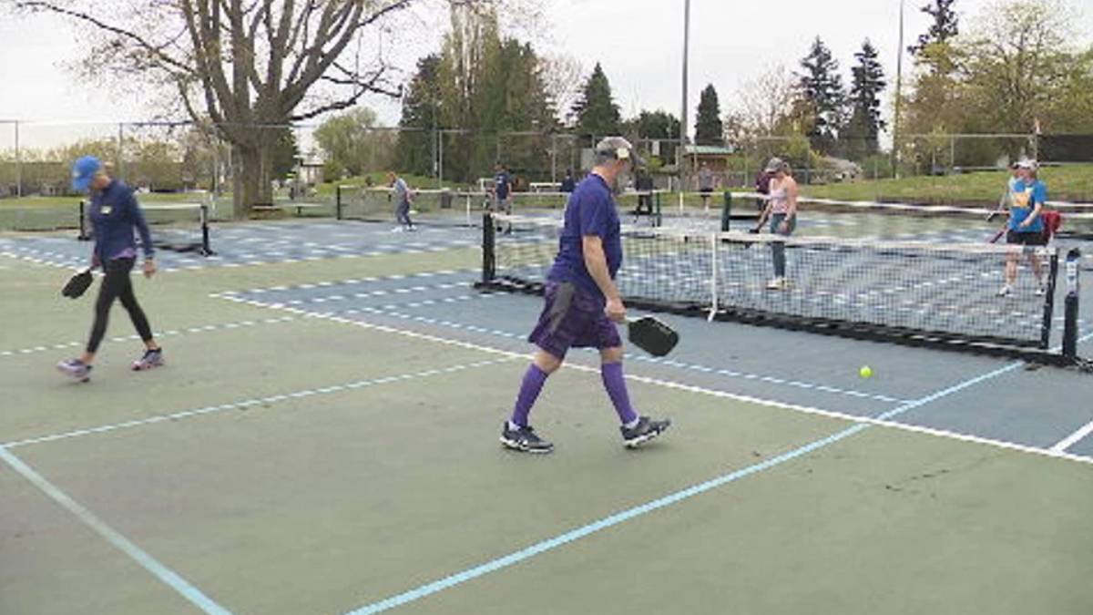 People playing pickleball on outdoor court, one man in purple reaching for ball near net while others watch in background
