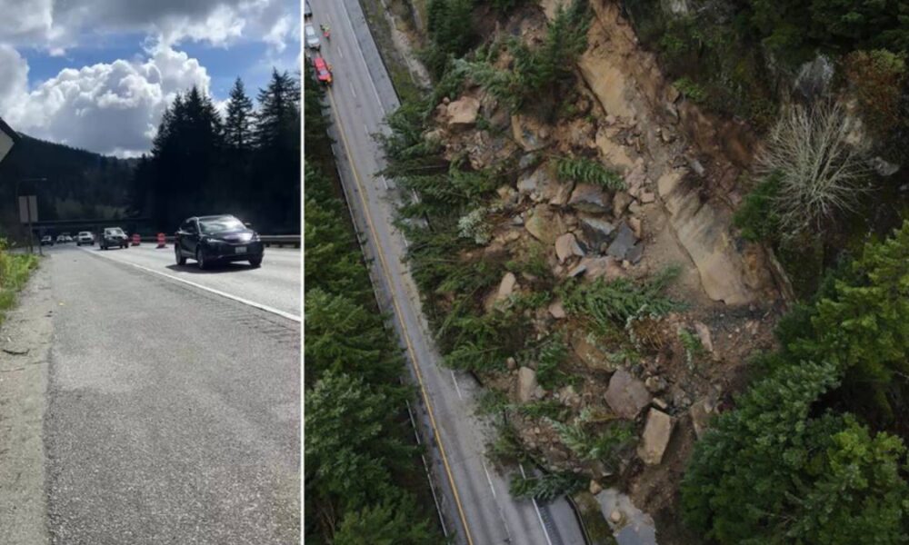 Split-view image: left panel shows a mountain highway with cars and a barrier, right panel shows a rockfall along a roadside amid trees and rocks