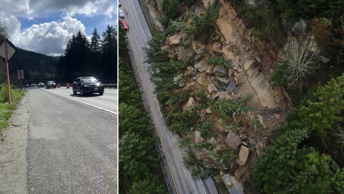 Split-view image: left panel shows a mountain highway with cars and a barrier, right panel shows a rockfall along a roadside amid trees and rocks