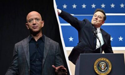 Split-screen image showing two men: a bald man in a blazer on the left and a man at a presidential podium raising his arm on the right against a blue star backdrop.