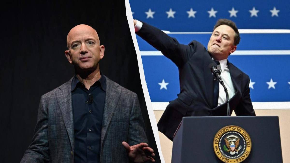 Split-screen image showing two men: a bald man in a blazer on the left and a man at a presidential podium raising his arm on the right against a blue star backdrop.