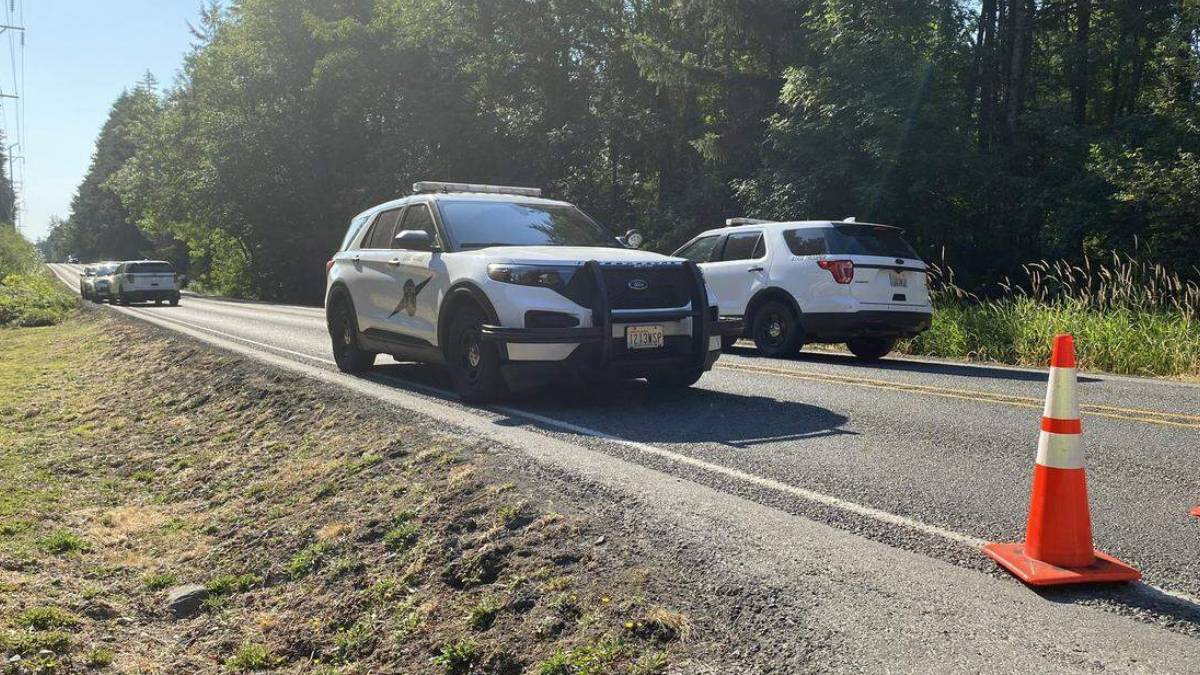 Two police SUVs are stopped on a rural highway with an orange traffic cone in the foreground and a forested shoulder nearby.