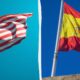 Split image showing the American flag on the left and the Spanish flag on the right against blue skies, separated by a white divider.