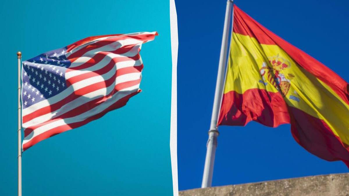 Split image showing the American flag on the left and the Spanish flag on the right against blue skies, separated by a white divider.