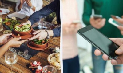 Split image: left side shows hands passing bowls of salad at a wooden outdoor table; right side shows a hand holding a smartphone with people in the background, suggesting mobile social interaction.
