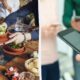 Split image: left side shows hands passing bowls of salad at a wooden outdoor table; right side shows a hand holding a smartphone with people in the background, suggesting mobile social interaction.