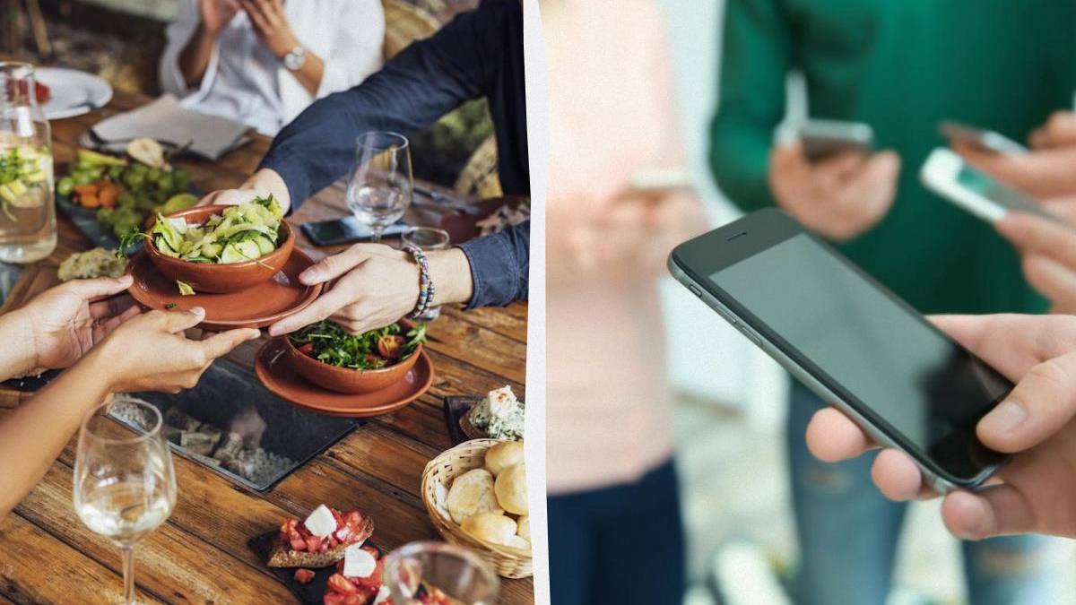 Split image: left side shows hands passing bowls of salad at a wooden outdoor table; right side shows a hand holding a smartphone with people in the background, suggesting mobile social interaction.