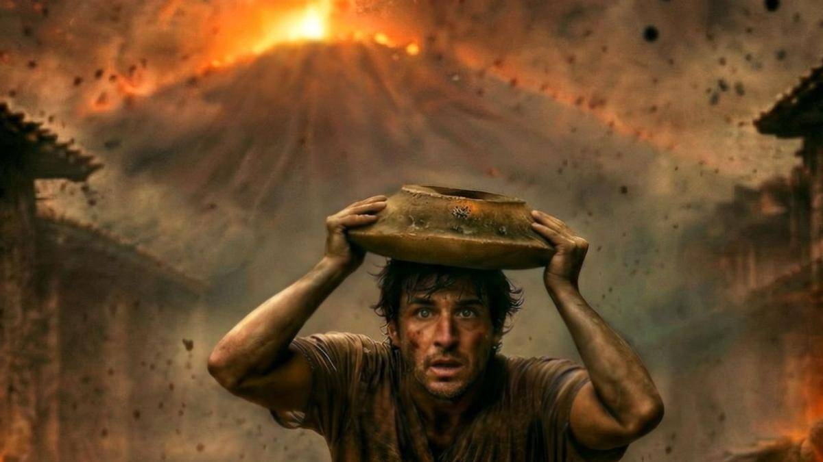 Man wearing a muddy shirt holds a clay pot on his head while chaos and lava glow behind him during an eruption.