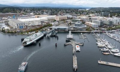 Aerial view of a harbor with a large white ferry docking at a pier, nearby marina with many boats, and a city skyline in the background.
