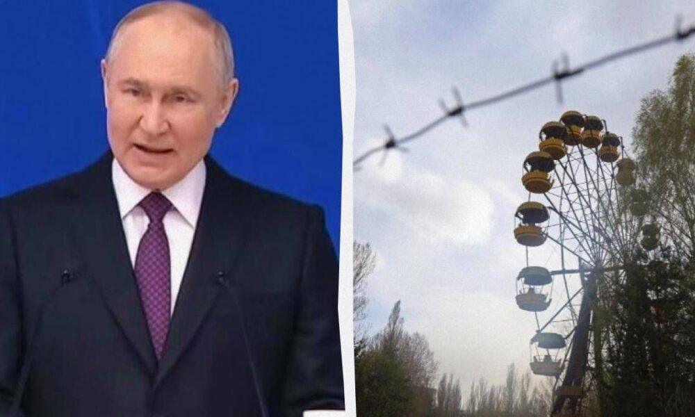 Split image: a man in a dark suit and purple tie speaking at a podium on the left, with a blue background; on the right, a large Ferris wheel visible outdoors behind barbed wire.