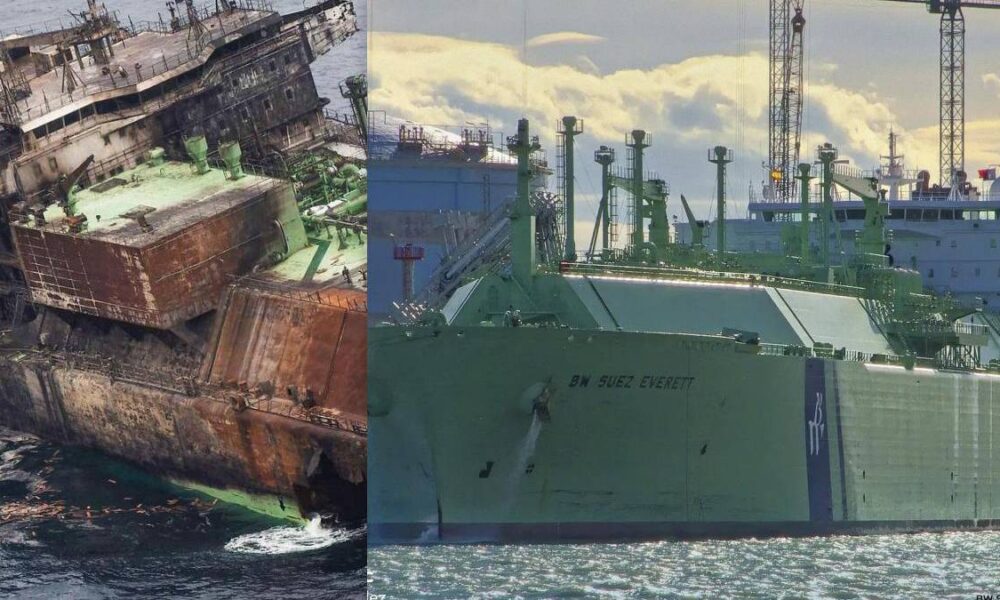 Split image: a rusted, decaying shipwreck on the left and a large green cargo ship on the right named BW SUEZ EVERETT.