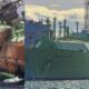Split image: a rusted, decaying shipwreck on the left and a large green cargo ship on the right named BW SUEZ EVERETT.