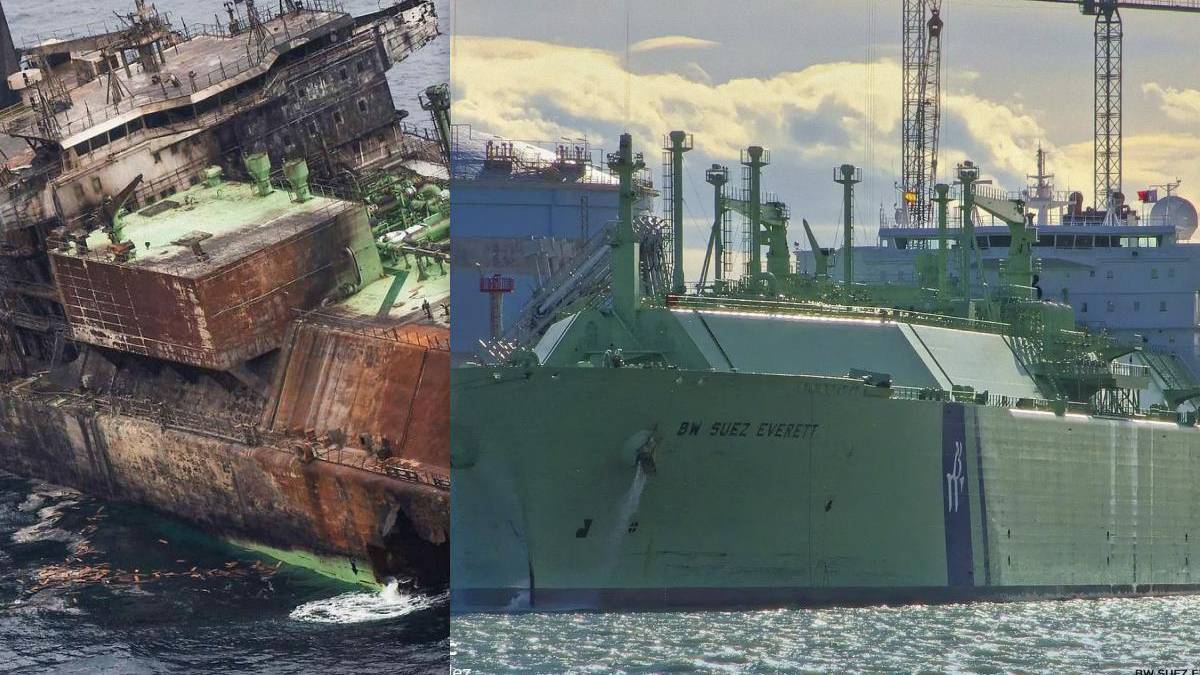 Split image: a rusted, decaying shipwreck on the left and a large green cargo ship on the right named BW SUEZ EVERETT.